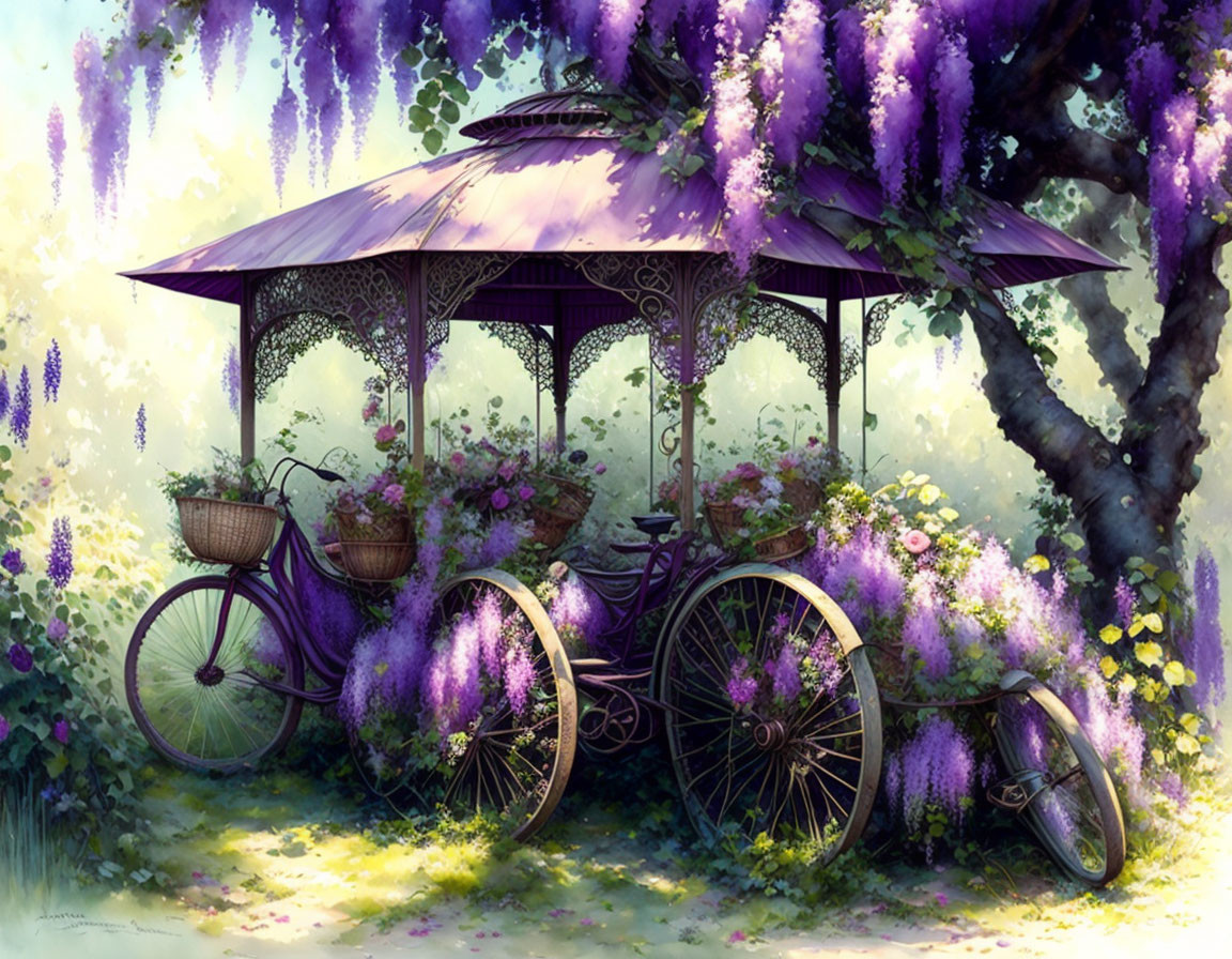 Lush garden scene with bike and cart under gazebo amidst vibrant wisteria blooms