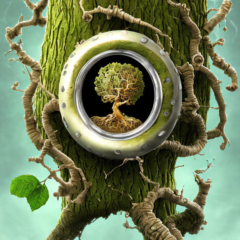 Whimsical tree illustration with porthole and miniature version on teal backdrop