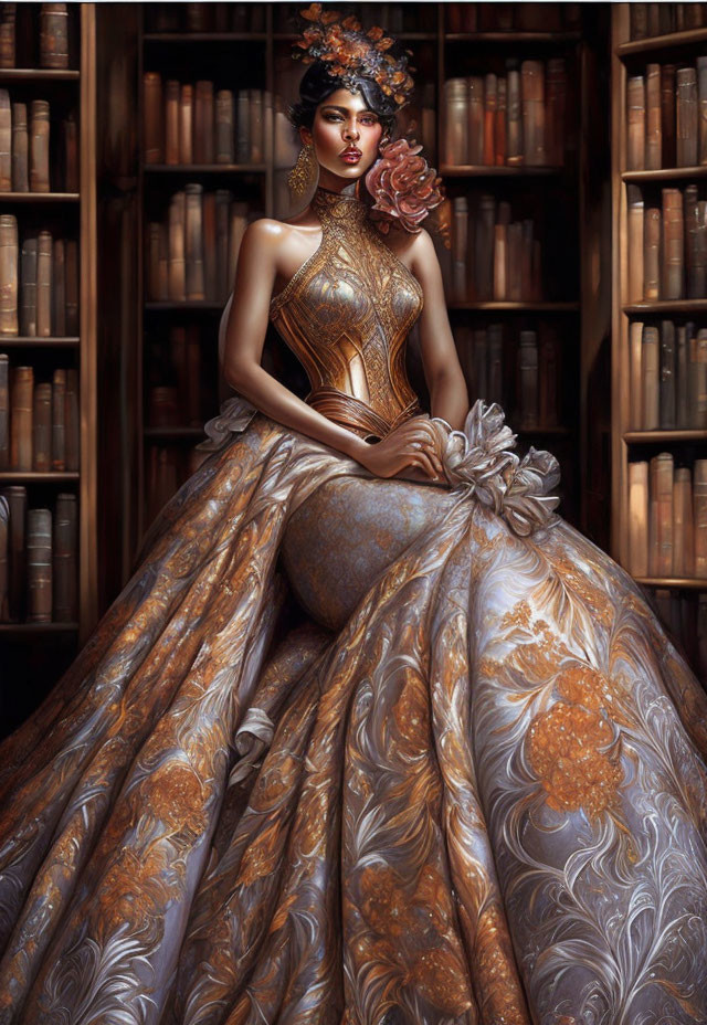 Regal woman in metallic corset and ornate skirt among bookshelves