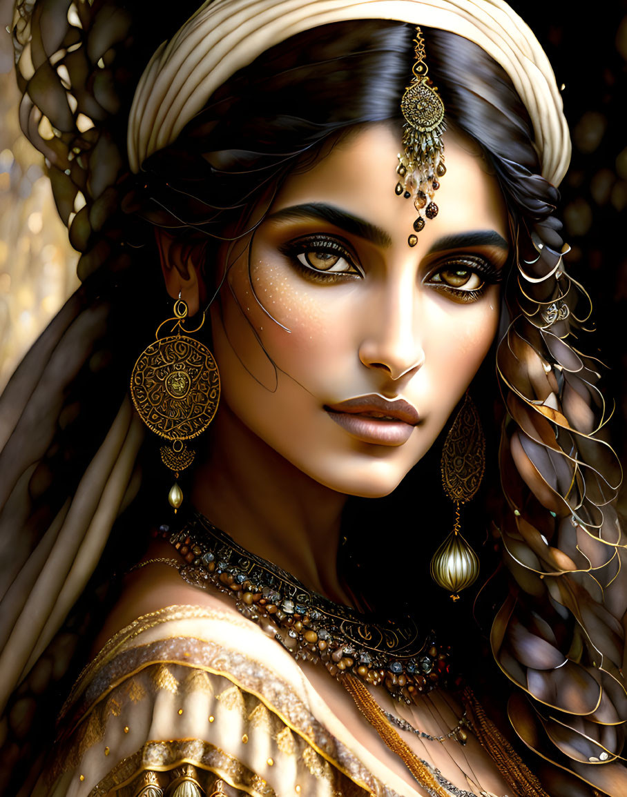 Portrait of woman with gold jewelry, deep eyes, and headscarf.