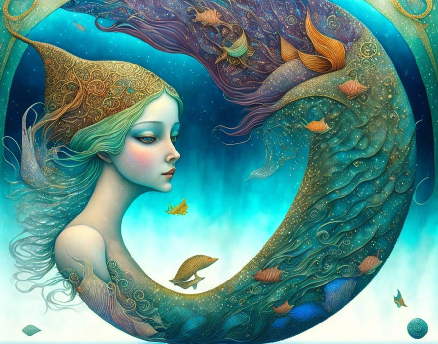 Mermaid with flowing hair and fish against dreamy blue backdrop