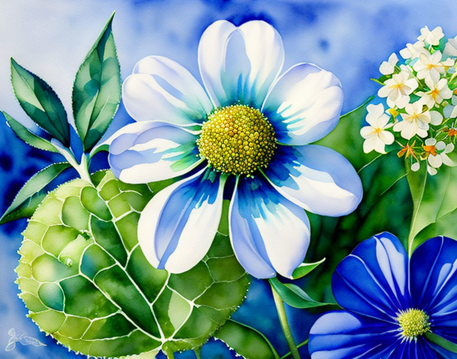 Vibrant white and blue flower painting with yellow center and green leaves