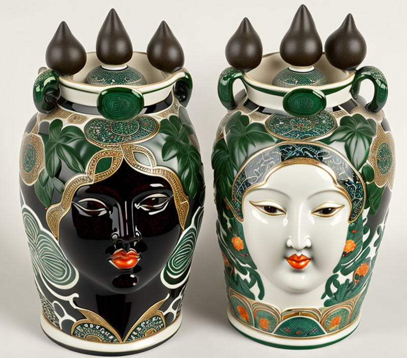 Intricate ceramic vases: African & Asian female faces, metallic accents