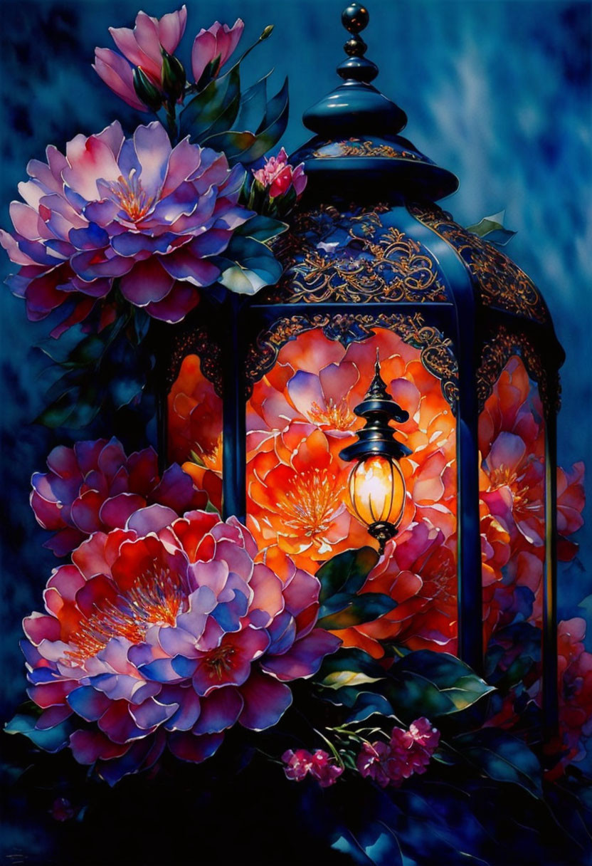 Ornate lantern with lit candle and vibrant peonies on blue background