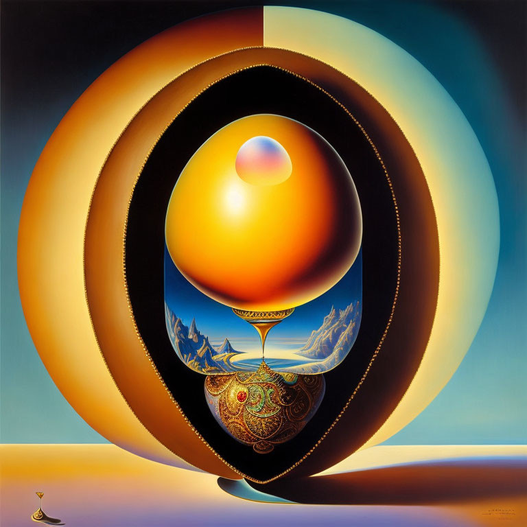 Surreal painting with concentric circles and hourglass shape in center