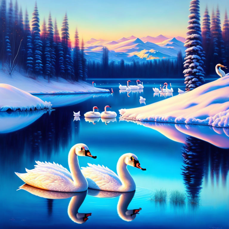 Tranquil winter twilight scene with swans on snowy lake