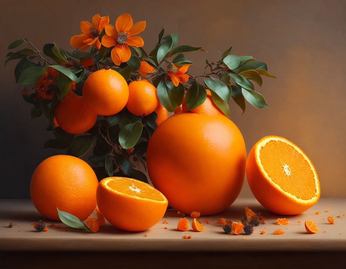 Vibrant oranges, leaves, and blossoms on warm background