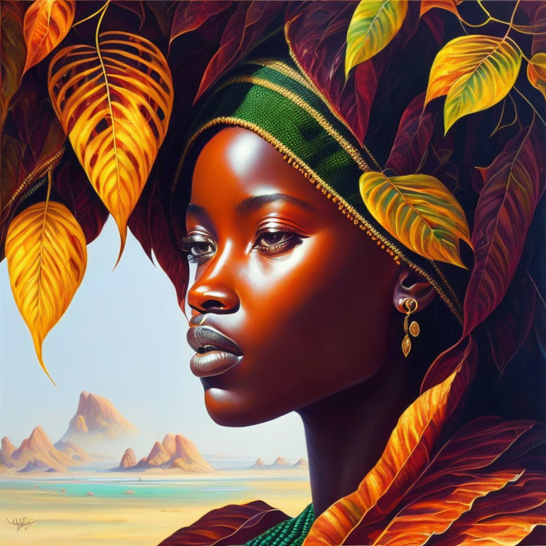 Portrait of a Woman with Green Headwrap Against Mountain and Sea Background