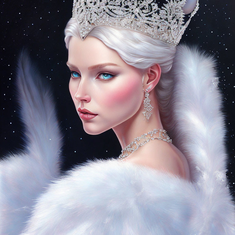 Portrait of ethereal woman with pale skin and blue eyes against starry backdrop