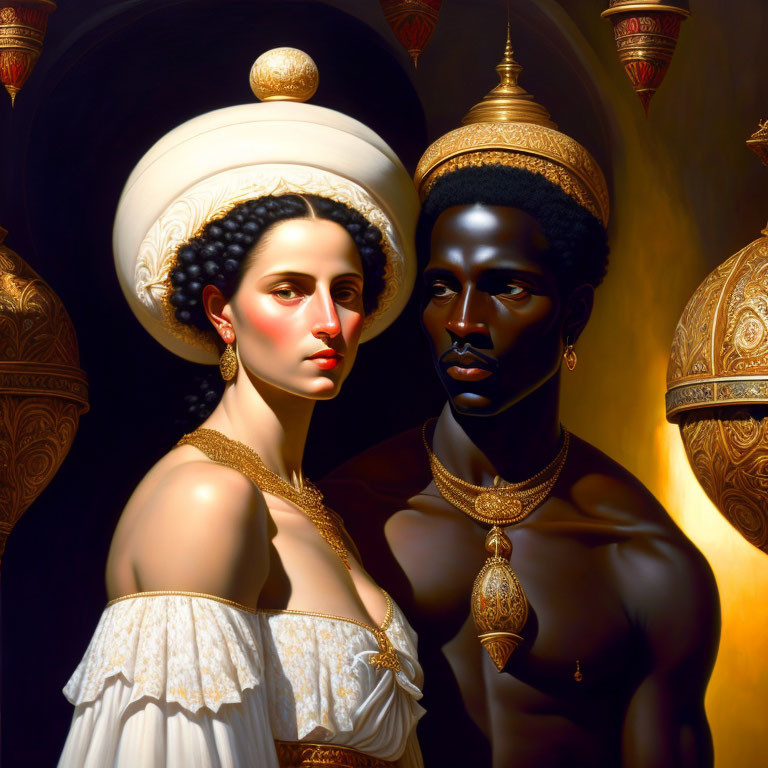 Classical painting of woman and man in ornate attire on dark background