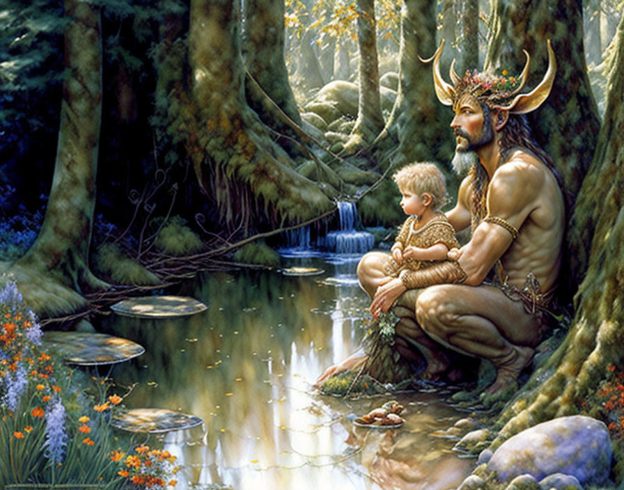 Forest deity and child by serene stream in lush setting