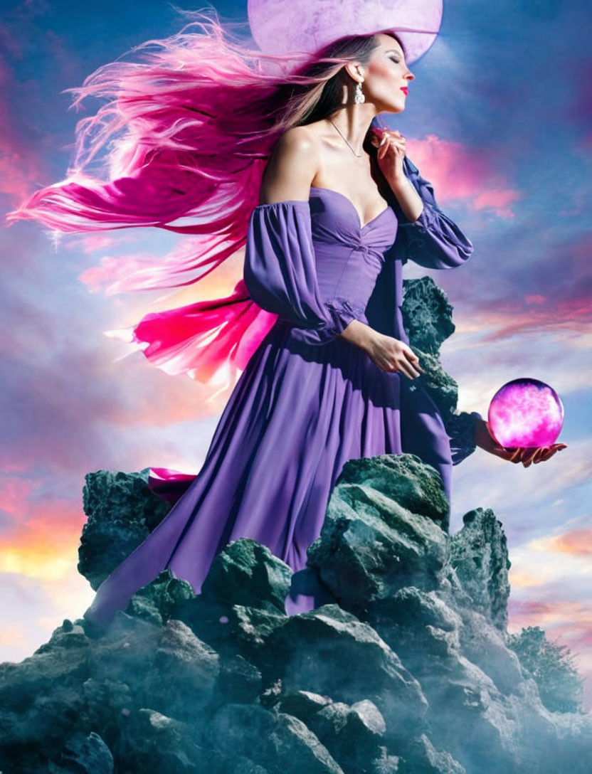 Woman in purple gown holds glowing orb on jagged rocks with pink cloud-scape.