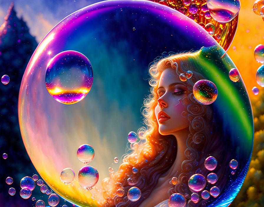 Colorful profile of woman surrounded by iridescent bubbles in mystical forest