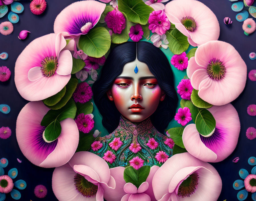 Illustrated portrait of woman with dark hair and vibrant pink and green flowers on dark backdrop