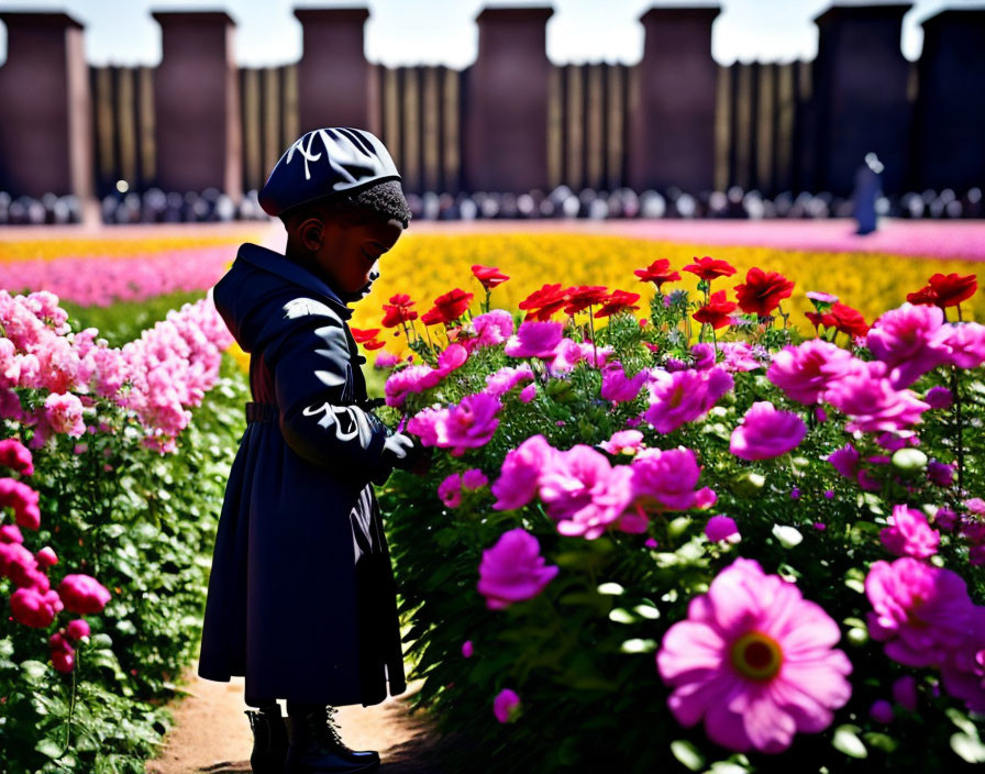 Child in trench coat and hat admires pink flower field under sunny sky