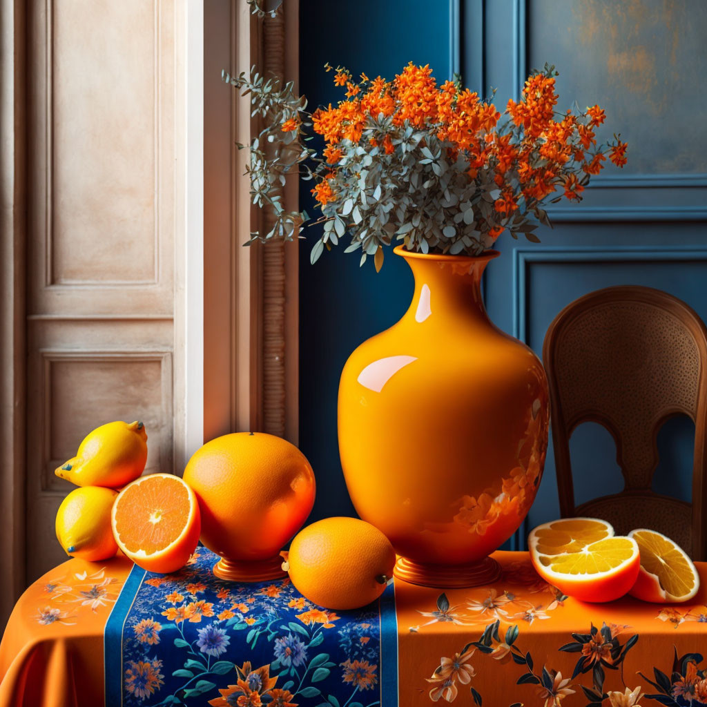 Colorful Still Life: Bright Orange Vase, Flowers, Citrus Fruits on Patterned Table