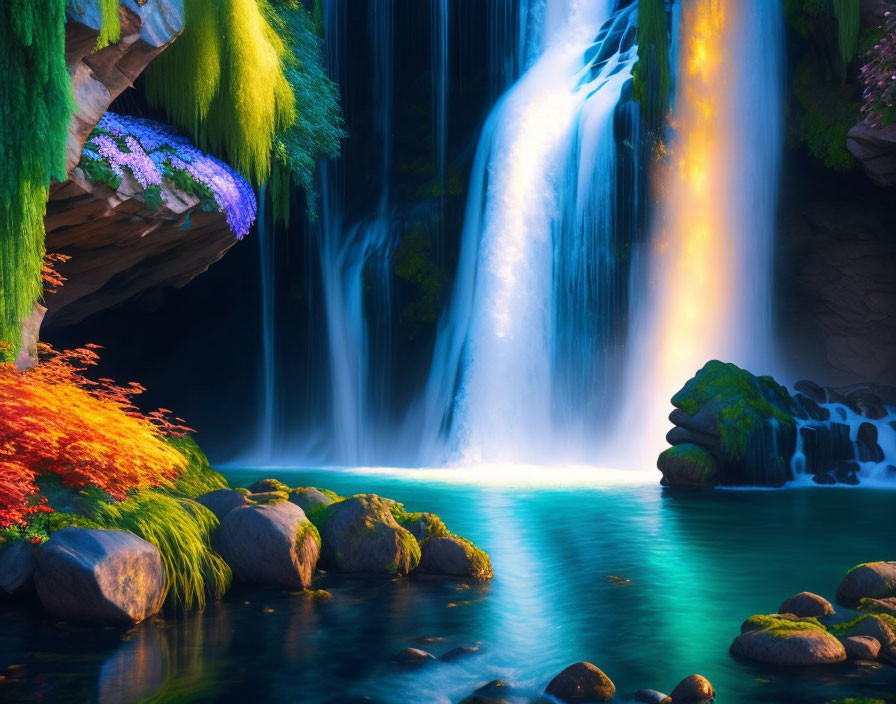 Scenic waterfall with lush greenery and turquoise pool