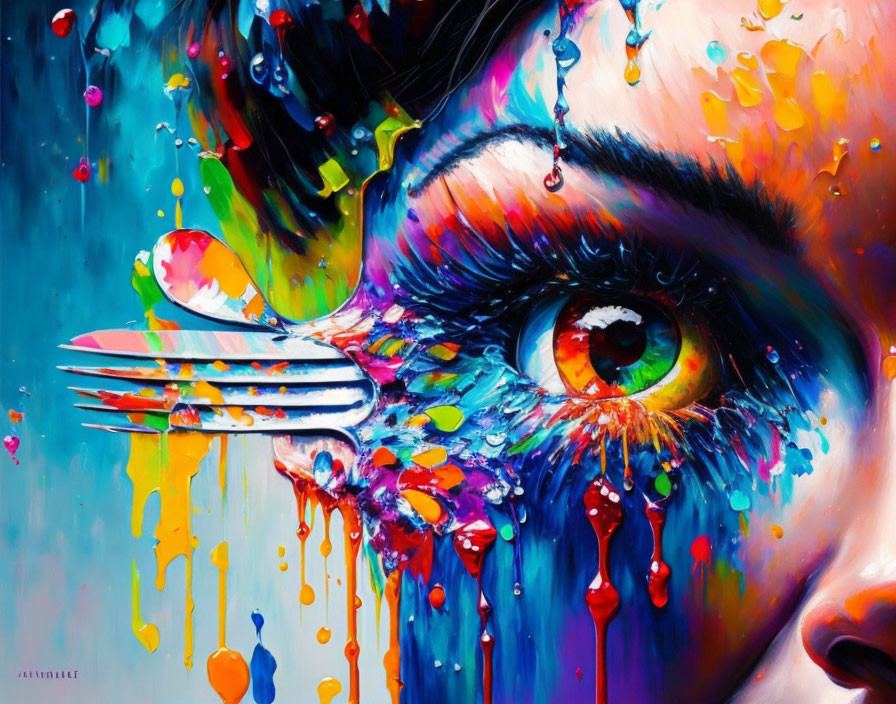 Close-up Eye Art: Colorful paint drips, fork as eyelashes