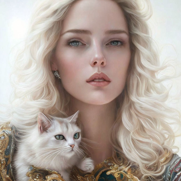 Detailed portrait of woman with blonde hair and white cat in regal attire