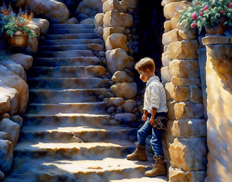 Young boy on sunlit stone steps surrounded by flowering plants