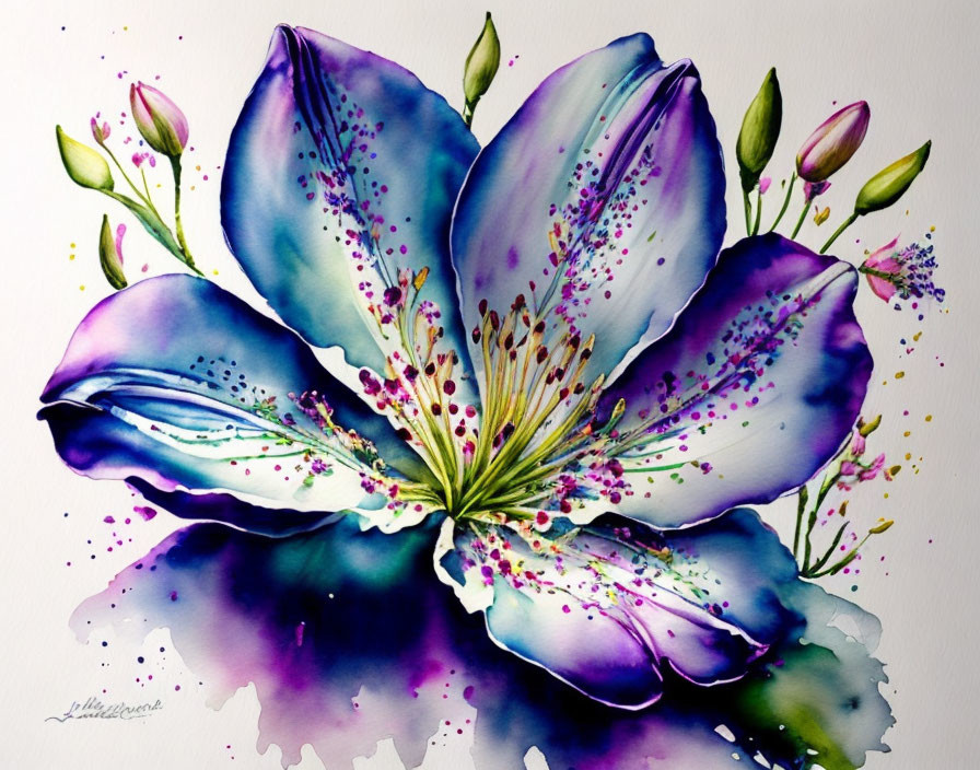 Colorful watercolor painting of blue and purple flower with detailed petals and stamens