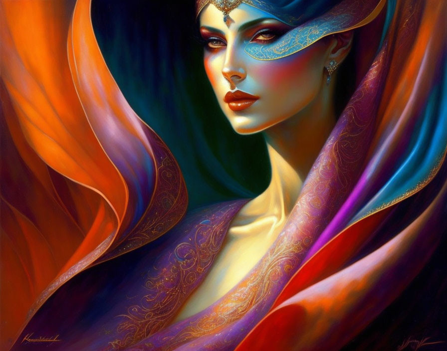 Colorful artwork: Woman with striking eyes and embellished mask on vibrant backdrop