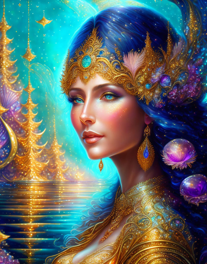 Colorful illustration: woman with blue hair and golden accessories in cosmic setting