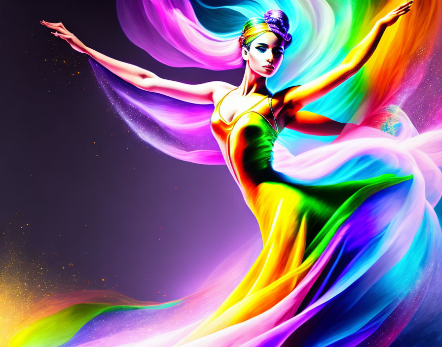 Colorful artistic representation of a woman in flowing rainbow dress on starry backdrop