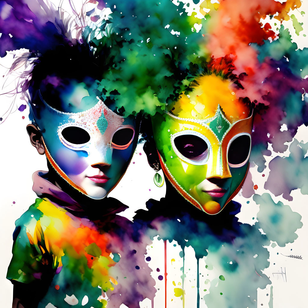 Colorful Venetian masks with ink splashes on white background