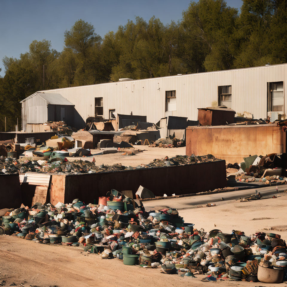 Industrial site with discarded items, metal containers, and warehouse building.