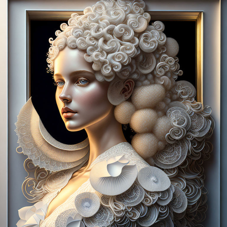 3D-rendered portrait of woman with curly hair and ruffled collar