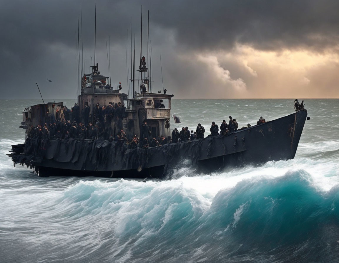 Military ship with uniformed personnel navigating stormy sea waters.