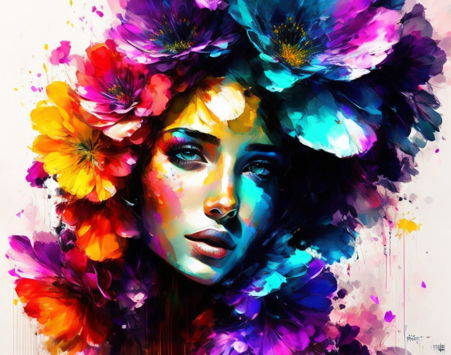 Vibrant painting of a woman with floral hair adornments in rich hues