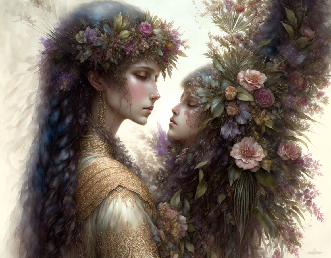 Ethereal women with floral headpieces and braided hair in nature