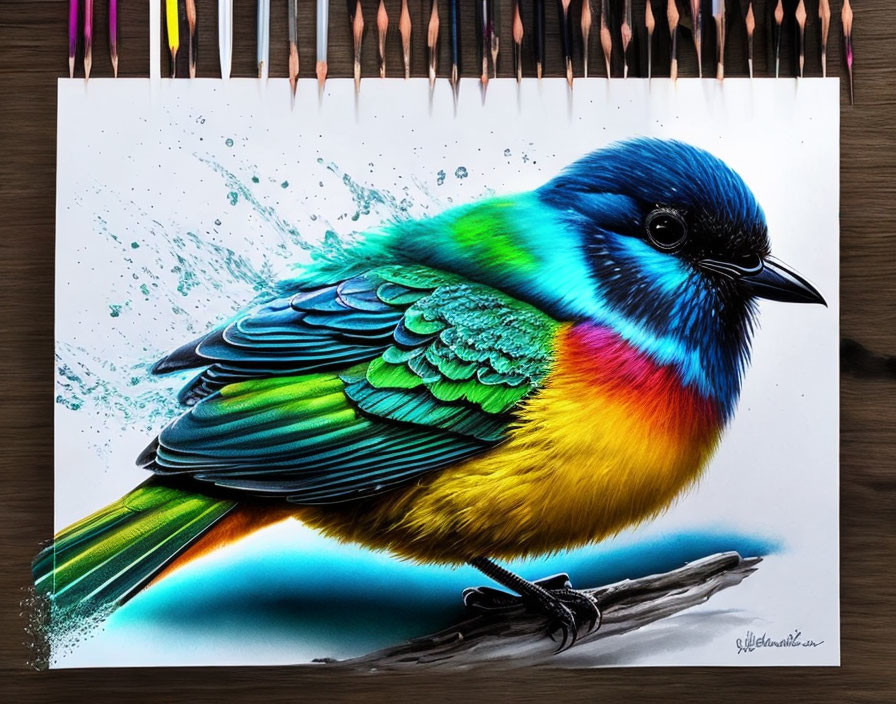 Realistic multicolored bird drawing on branch with water splash