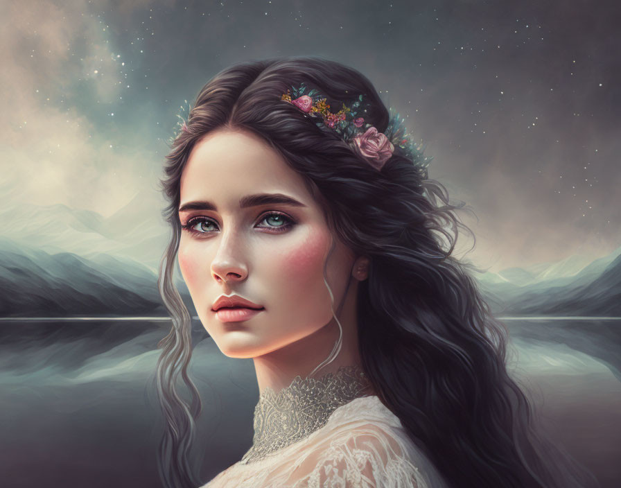 Woman with Floral Headband Gazing Over Shoulder in Twilight Landscape