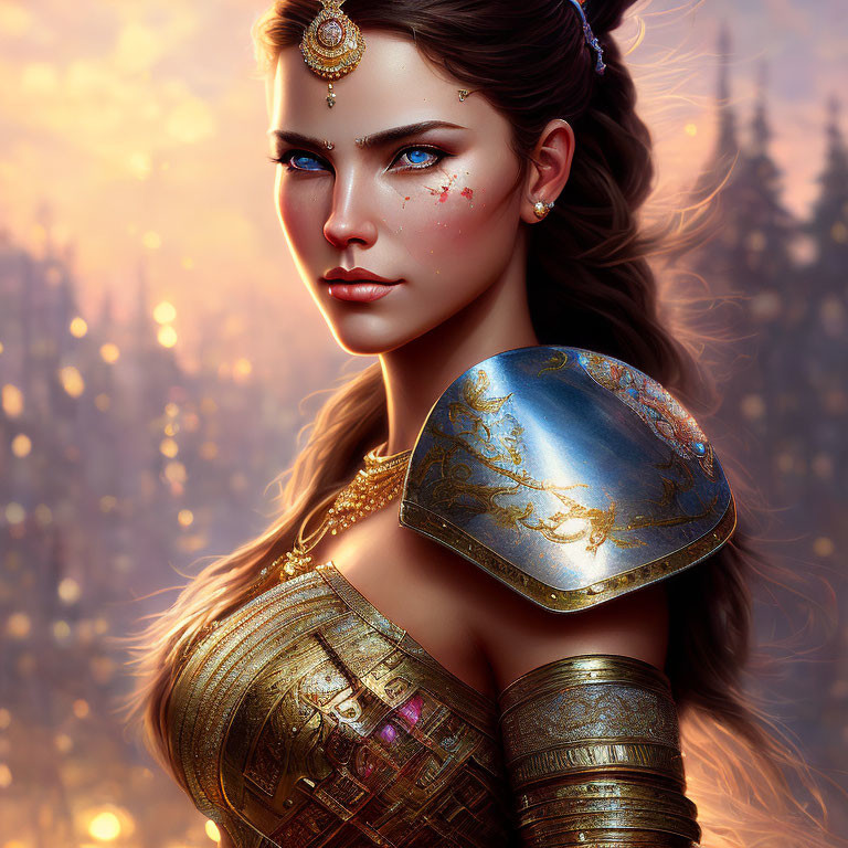 Fantasy female warrior digital portrait with blue eyes and ornate gold-trimmed armor