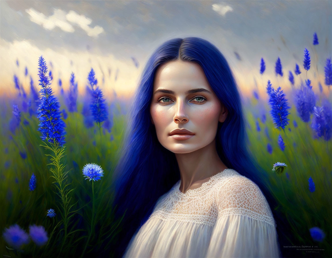 Digital painting of woman with blue eyes in purple flower field