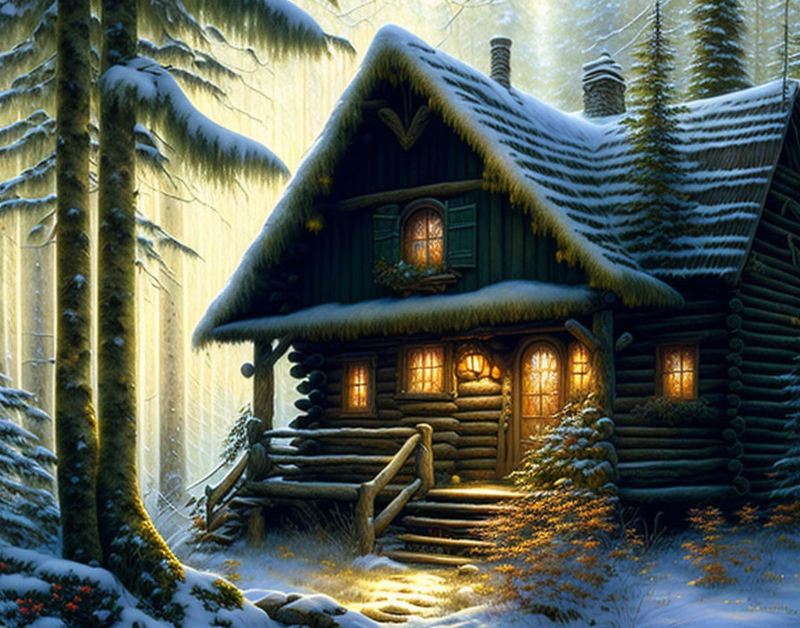 Snow-covered log cabin nestled among frosty pine trees in magical winter twilight