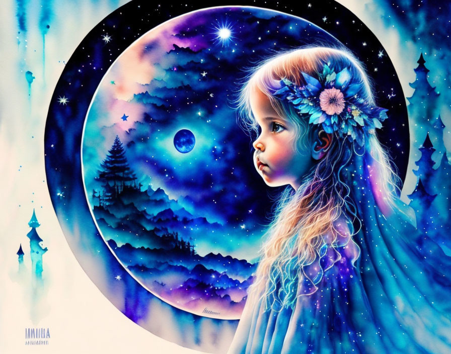 Young girl fantasy illustration with cosmic night sky, stars in hair, blue flowers, surreal backdrop