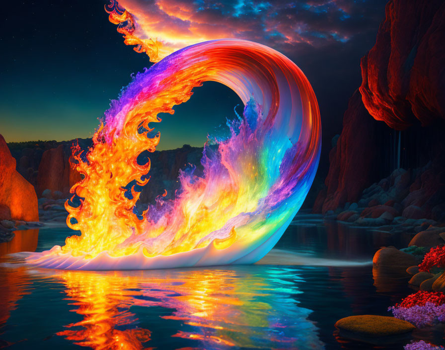 Colorful digital artwork: Fiery wave against twilight cliffs
