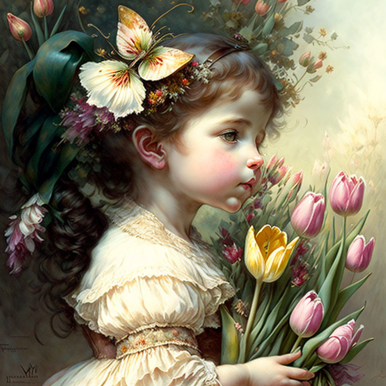 Young Girl with Butterflies and Tulips in Dream-like Floral Setting