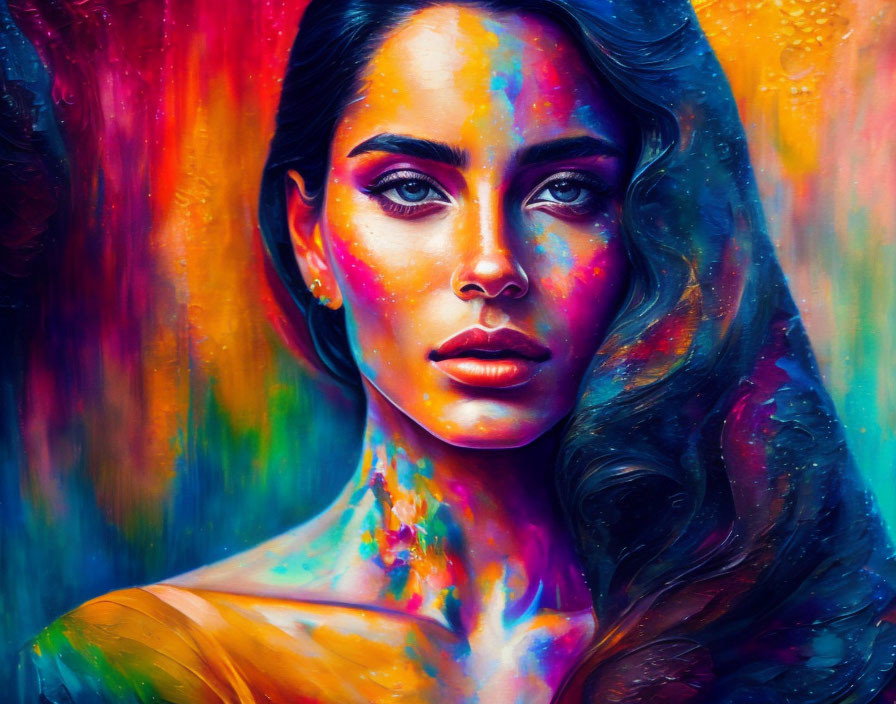 Colorful Paint Splashes Adorn Woman's Portrait