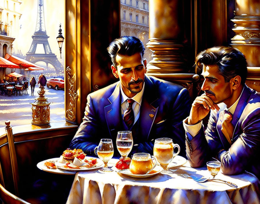 Men in elegant attire chatting at Parisian café with Eiffel Tower backdrop