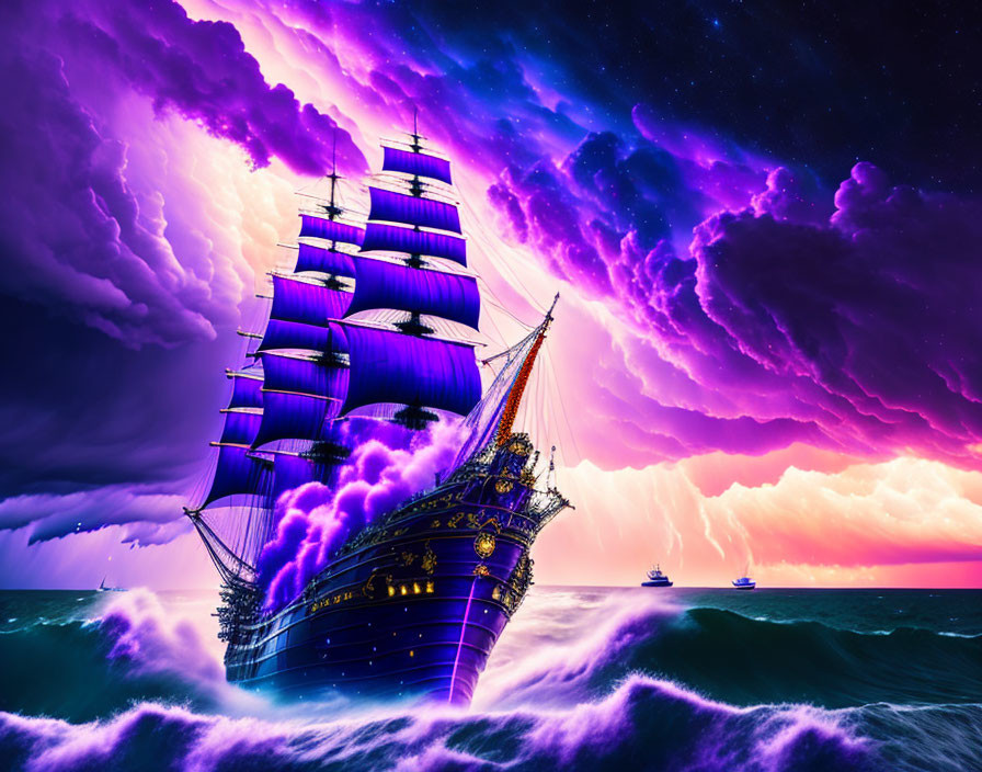 Majestic sailing ship with purple sails navigating stormy seas