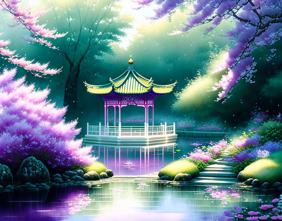 Traditional Asian Pavilion Surrounded by Purple Blossoms and Pond