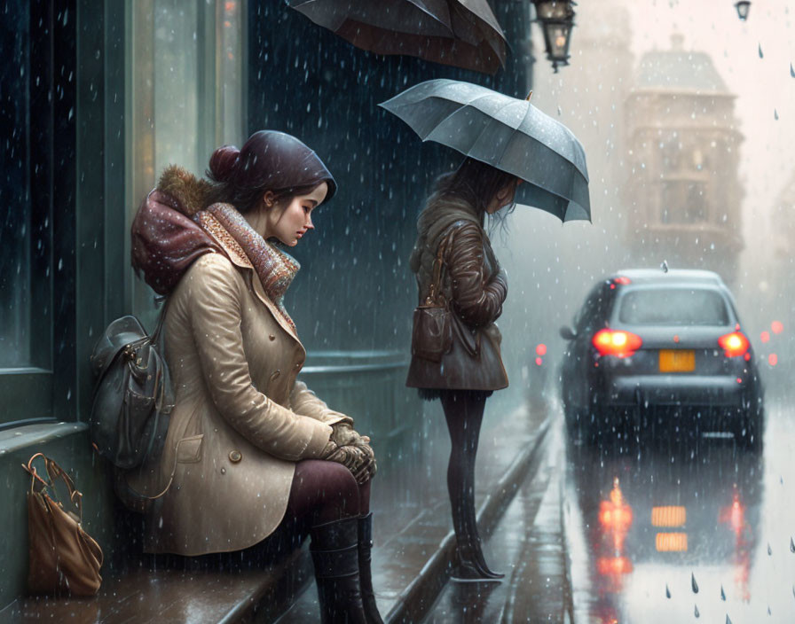 Woman with black umbrella sitting on bench in rain with person nearby and cars passing on wet street