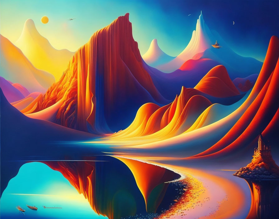 Colorful Surreal Landscape: Smooth, Undulating Mountains Reflecting on Water