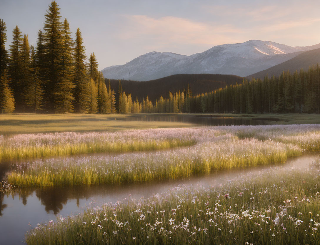 Tranquil Landscape with River, Wildflowers, Pine Trees, and Mountains at Sunrise