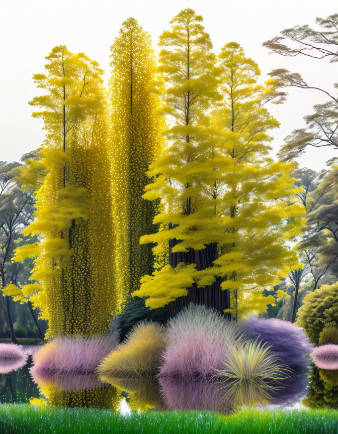 Vibrant Yellow Trees in Mystical Garden with Pink and Purple Grass